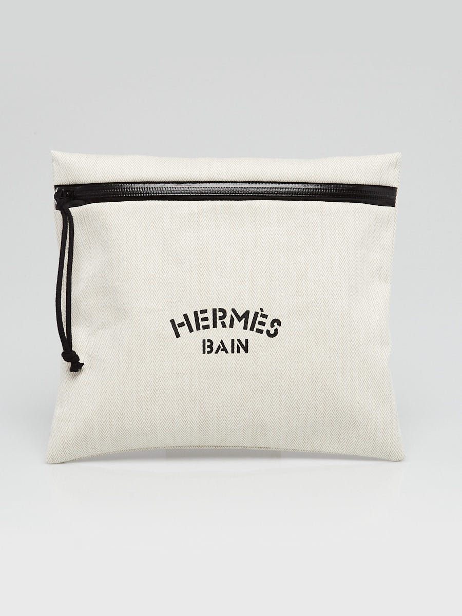 Hermes Beige Herringbone Canvas Bain Toiletry Pouch - Yoogi's Closet