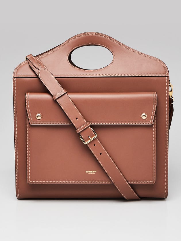 Burberry Malt Brown Leather Medium Top Stitch Pocket Tote Bag