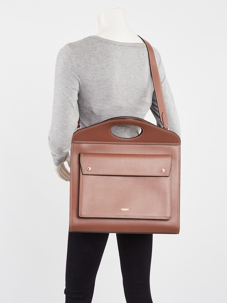 Burberry Malt Brown Leather Medium Top Stitch Pocket Tote Bag