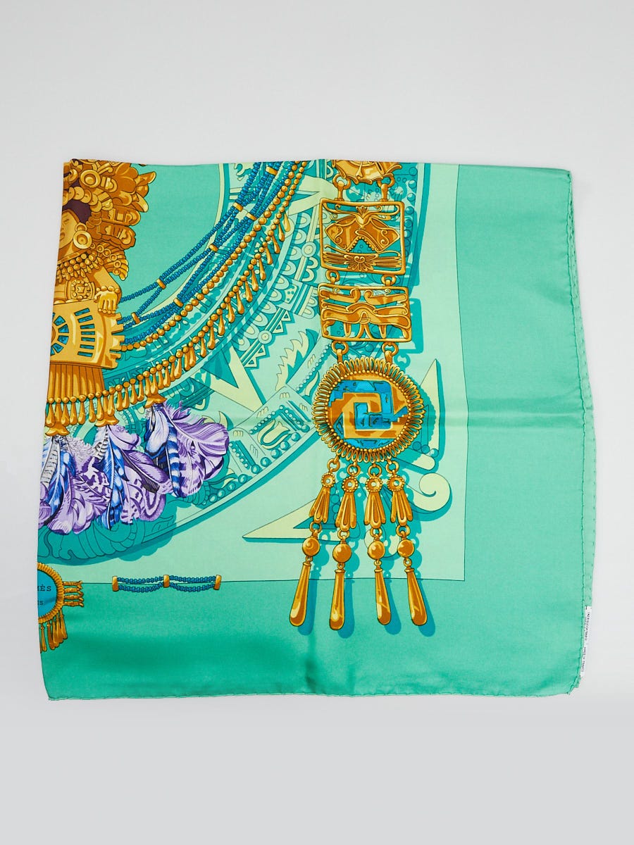 90cm Green/Purple Silk Aztec Print Square Scarf