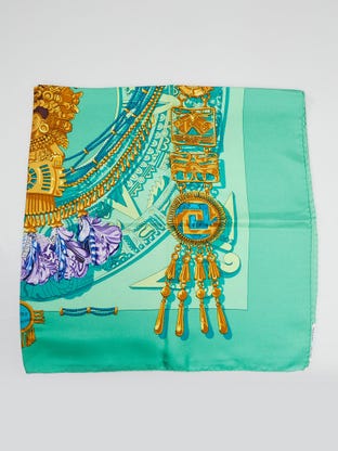 90cm Green/Purple Silk Aztec Print Square Scarf