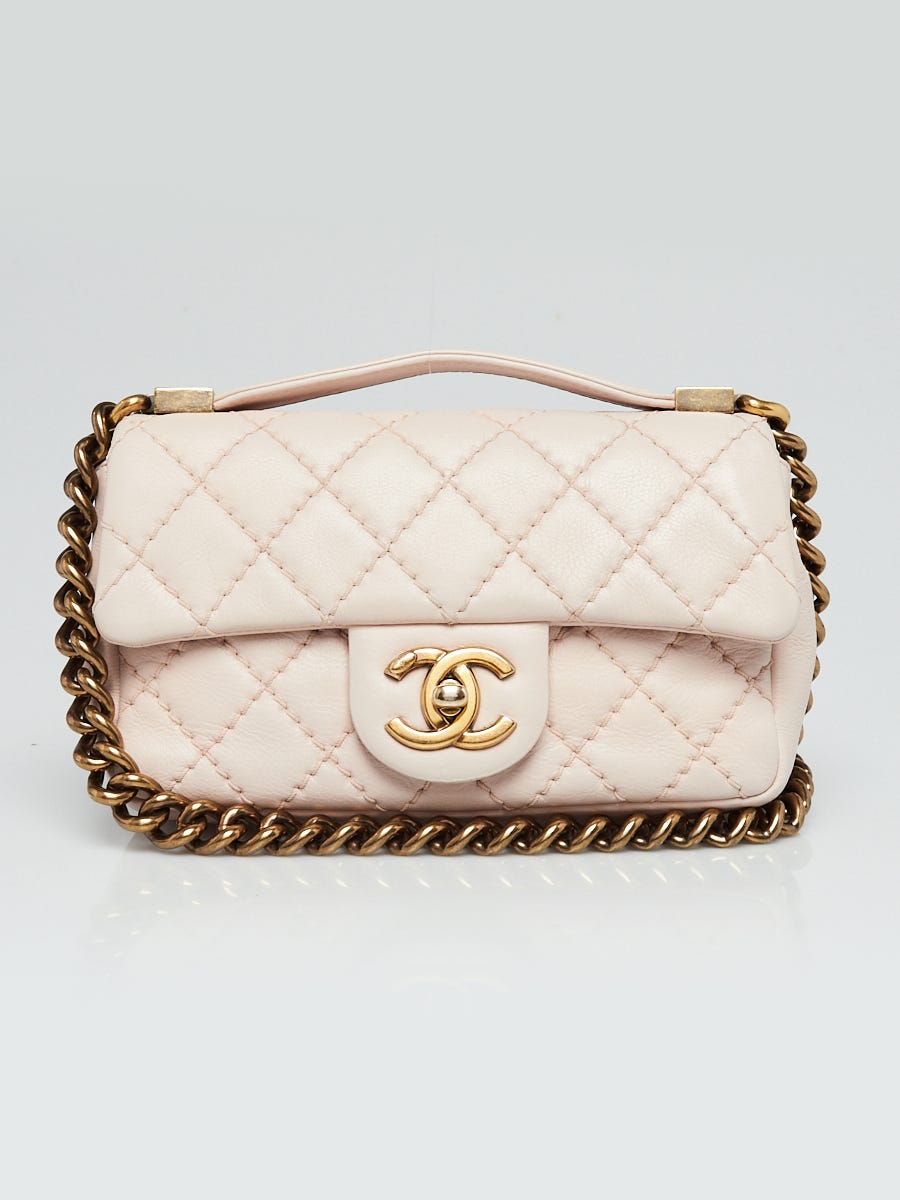 Pink Diamond Stitch Leather Mini Top Handle with Chain Bag