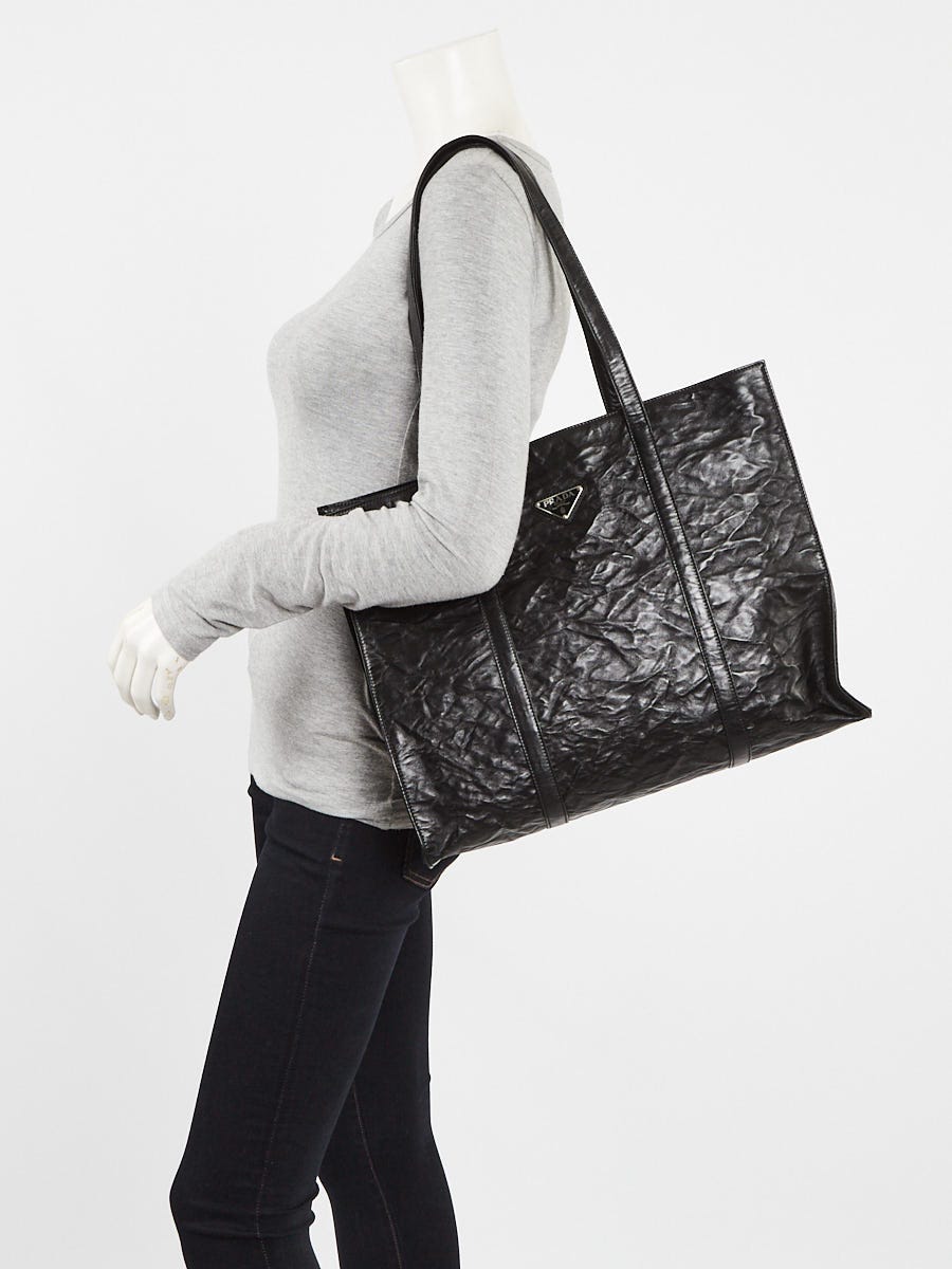 Prada Black Crinkle Nappa Leather Large Tote Bag - 1BG460