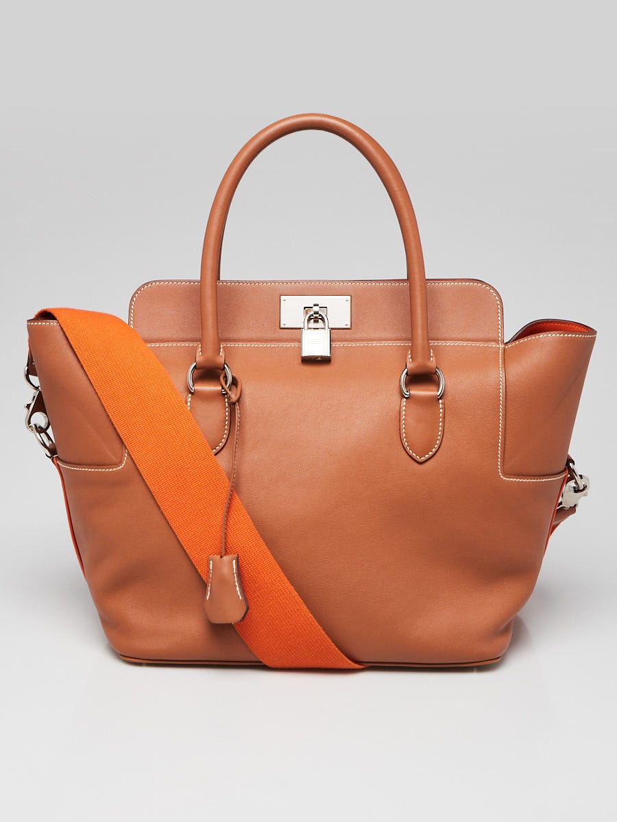 Hermes 26cm Bi-Color Gold/Orange Swift Leather Palladium Plated Toolbox Bag  - Yoogi's Closet