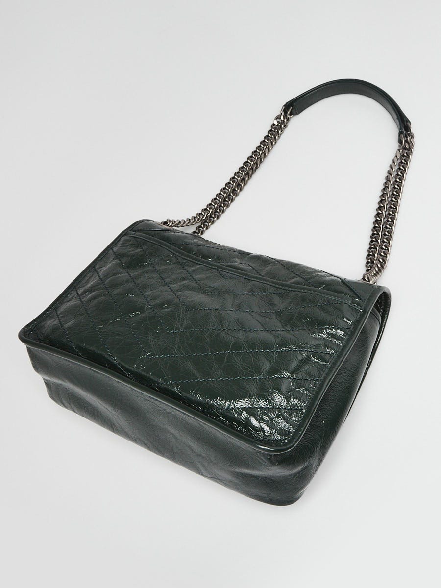 Yves Saint Laurent Vert Fonce Crinkled Calfskin Leather