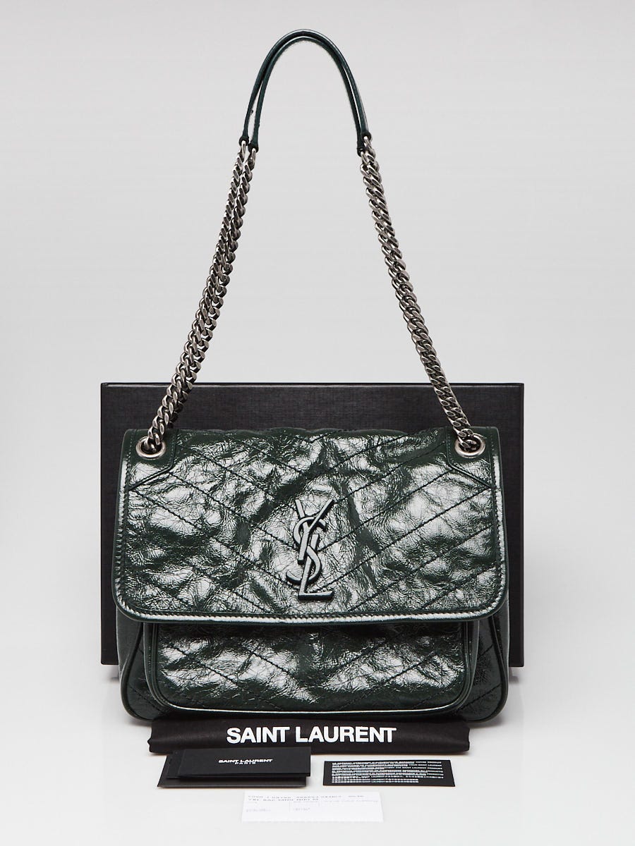 Yves Saint Laurent Vert Fonce Crinkled Calfskin Leather Medium