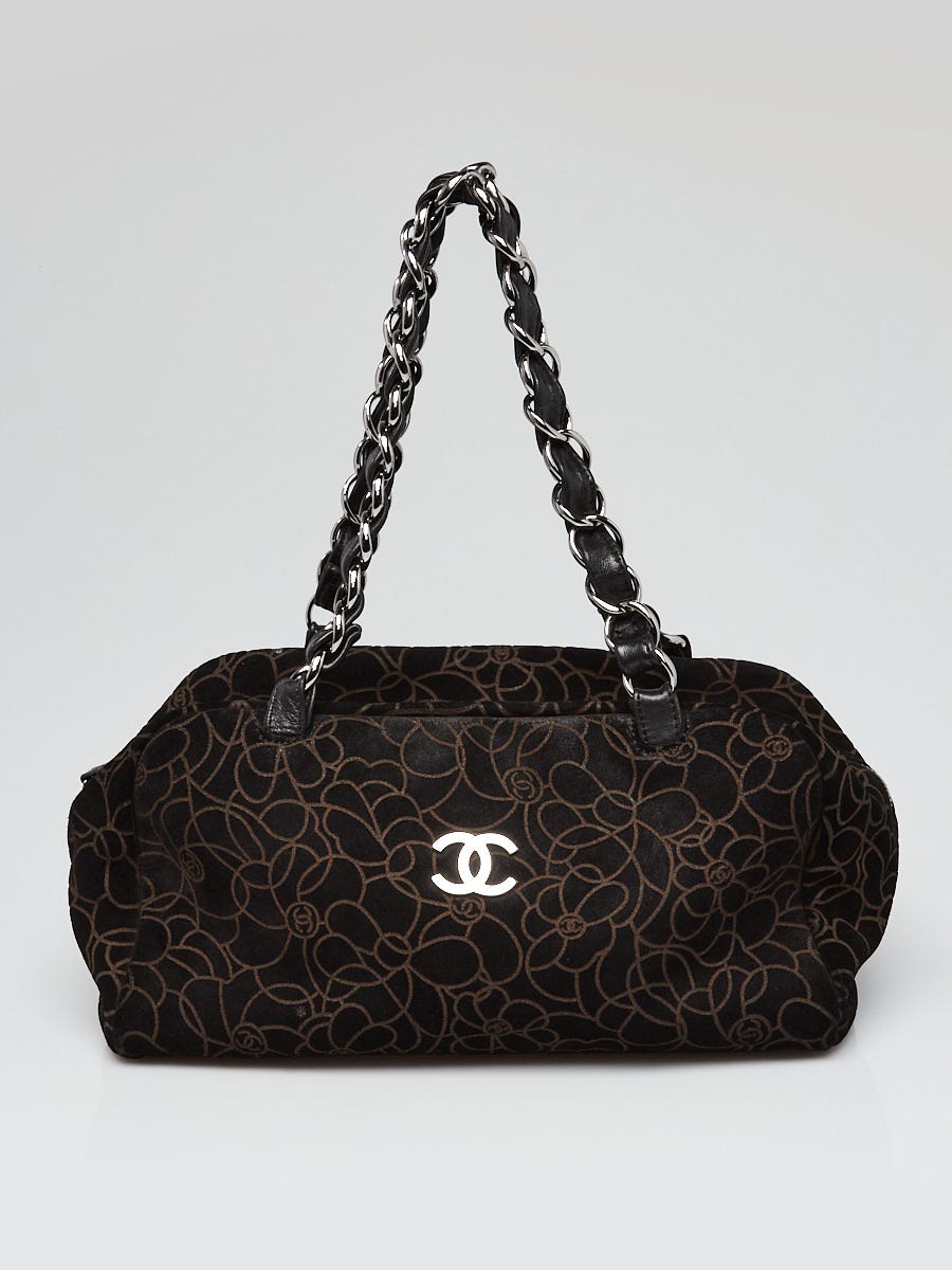 Black Camellia Embossed Suede Bowler Bag