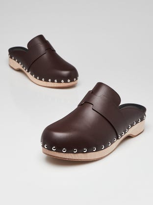 Cafe Calfskin Leather Calya Mules Size 7.5/38