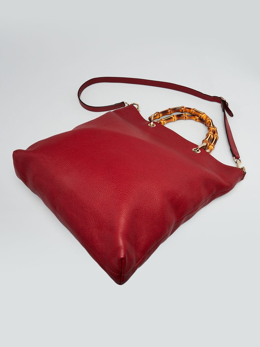 Gucci Red Pebbled Leather Bamboo Top Handle Shopper Tote Bag