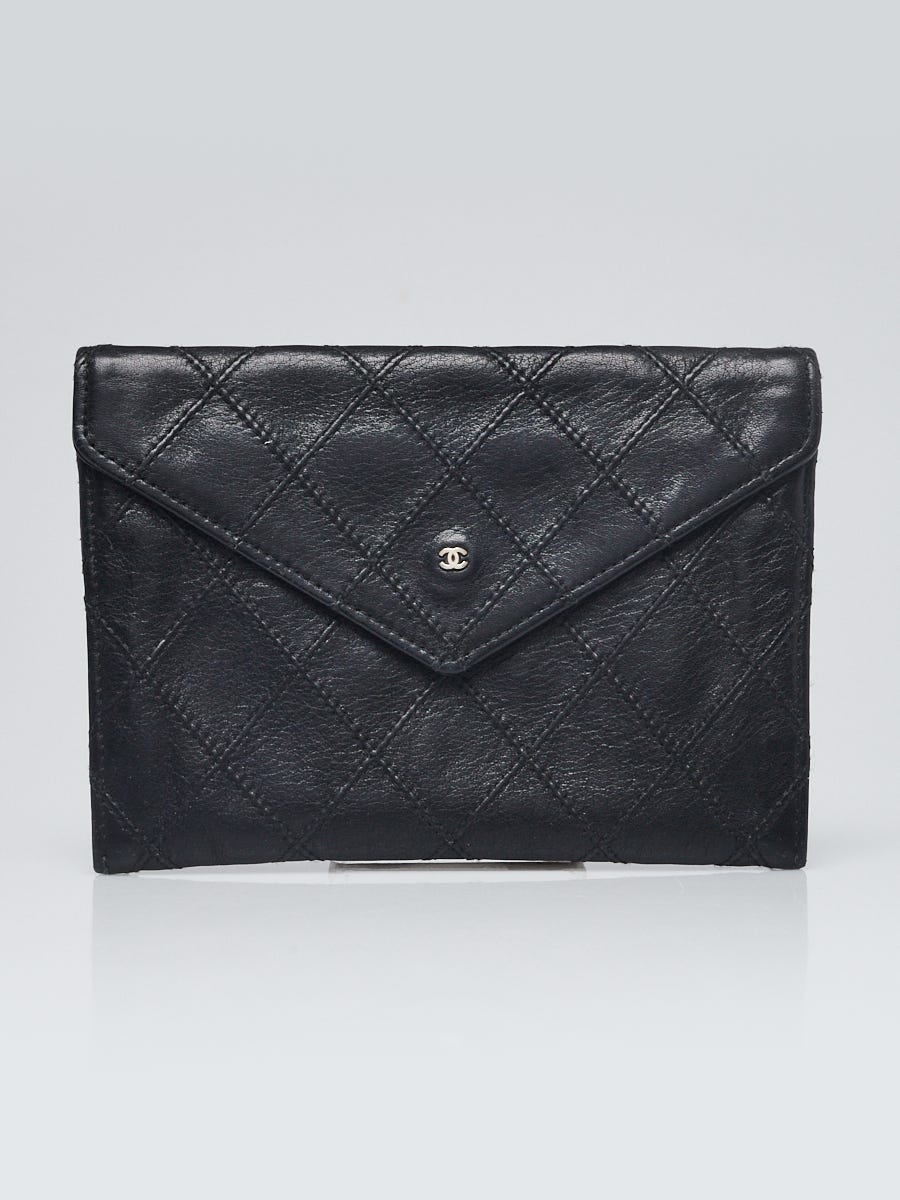 Chanel Black Diamond Stitched Leather Envelope Wallet Pouch