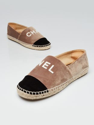 Beige/Black Velvet Fabric CC Espadrilles Size 7.5/38