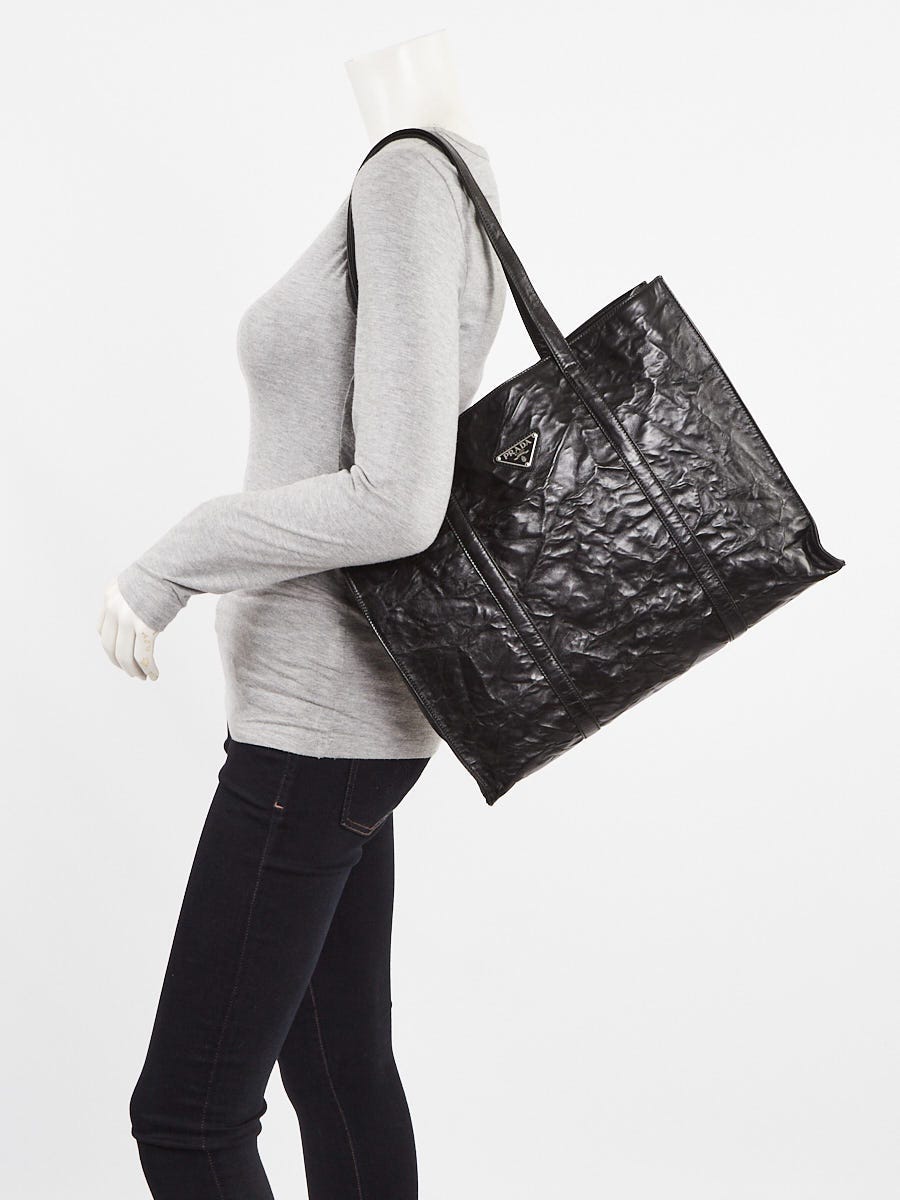 バッグ PRADA GATHER NAPPA LEATER TOTE HAND BAG Prada Black Crinkle Nappa Leather Large Tote Bag - 1BG460