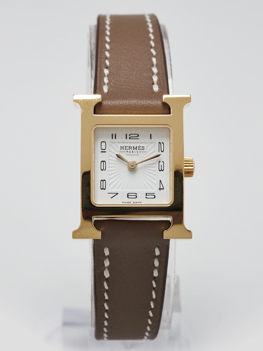 Hermes 21mm Etoupe Swift Leather and Gold Plated Heure H Quartz