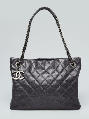 Metallic Grey Quilted Caviar Leather Chic Shopping Tote Bag