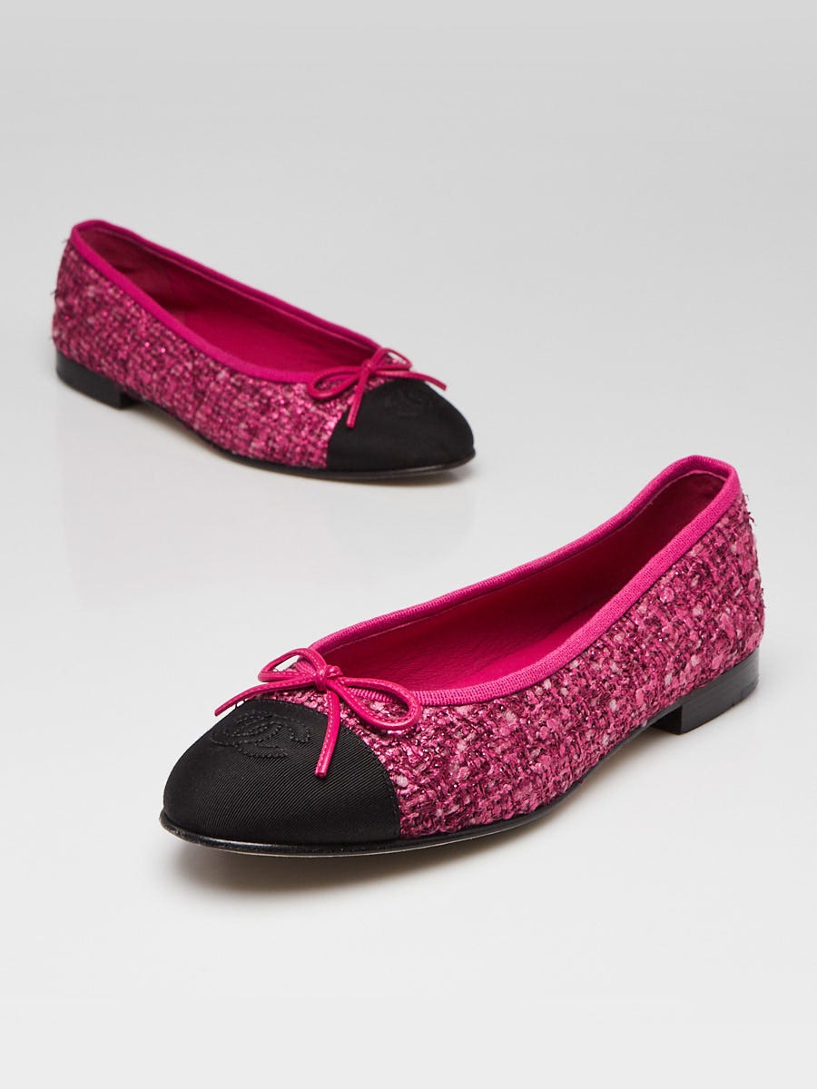 Chanel Fuchsia Pink Tweed Cap Toe Ballet Flats Size 6.5/37