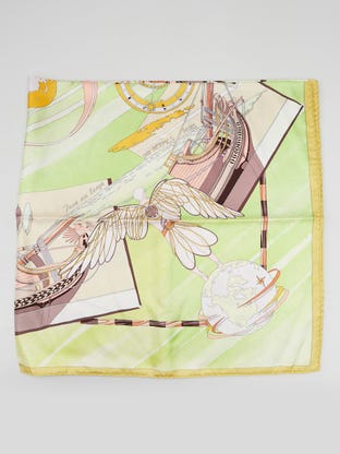 Green/Yellow Printed Silk Face au Large 90cm Square Scarf