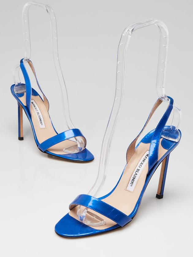 Manolo Blahnik Blue Patent Leather Slingback Minchisli Sandals Size 6.5/37