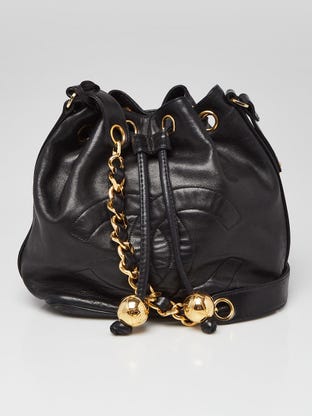 Black Quilted Lambskin Leather CC Drawstring Bucket Bag