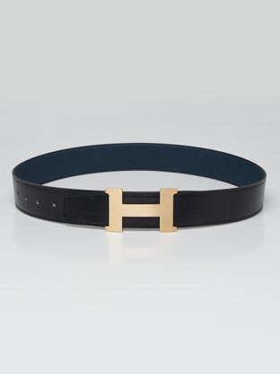 32mm Black/Bleu de Malte Box/Togo Leather Gold Plated Constance H Men's Belt Size 90