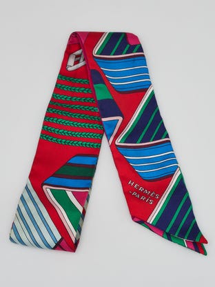 Red/Green/Blue Silk Graphic Printed Twilly