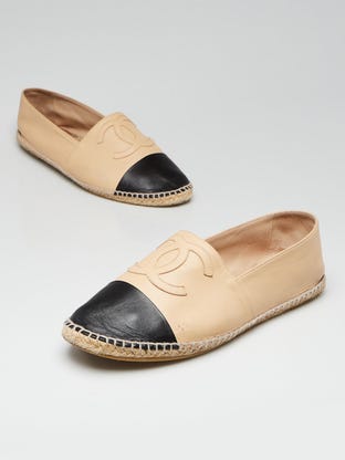 Beige/Black Leather Cap Toe CC Espadrilles Size 11.5/42
