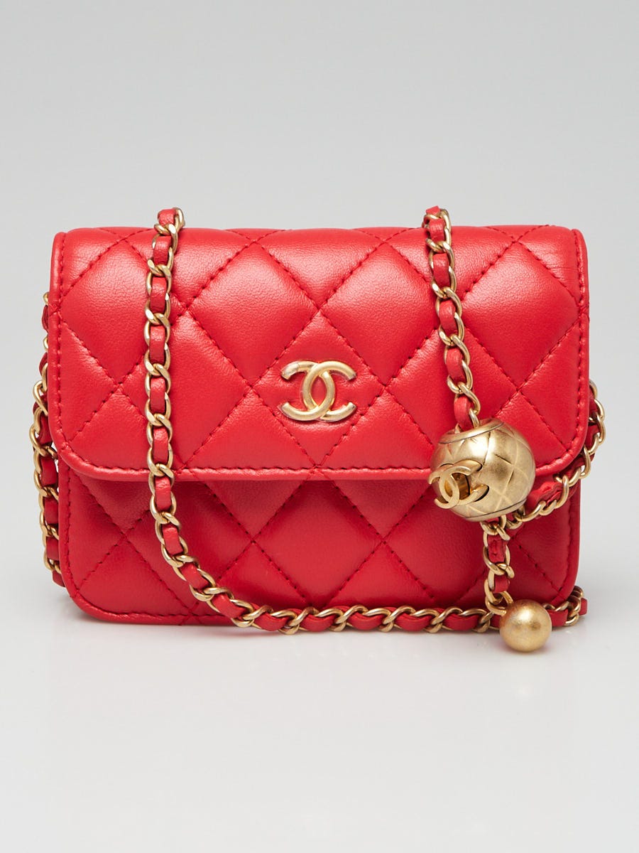 Chanel Red Quilted Lambskin Leather Pearl Crush Mini Clutch Chain