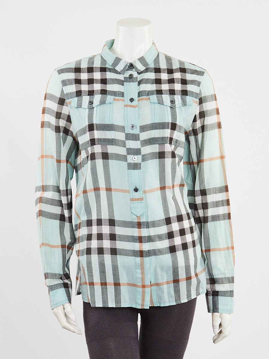 Burberry Blue Check Cotton Button Up Long Sleeve Shirt Size XL