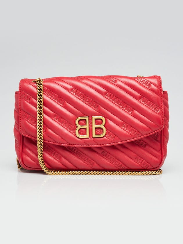 Balenciaga Red Quilted Embossed Leather BB Chain Round Small Flap Bag