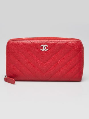 Red Chevron Quilted Leather Zippy Compact Wallet