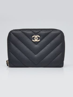 Black Chevron Caviar Quilted Leather Zipped Coin Purse Wallet