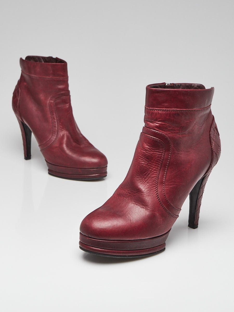 Chanel Burgundy Leather Quilted Platform Booties Size 10.5 41