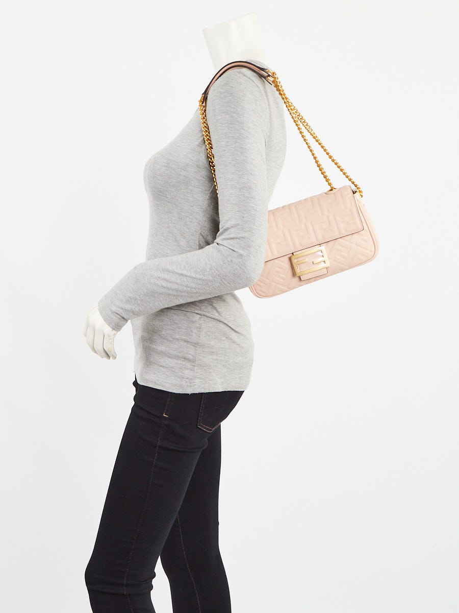 Fendi Pink FF Embossed Leather Midi Baguette Chain Crossbody Fendi Pink FF Embossed Leather Midi Baguette Chain Crossbody