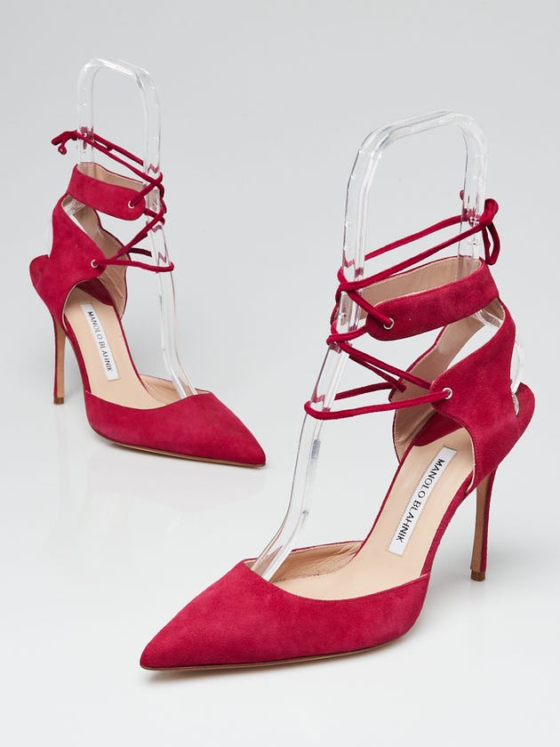 Manolo Blahnik Pink Suede Ankle Laced Lara Pumps Size 8/38.5