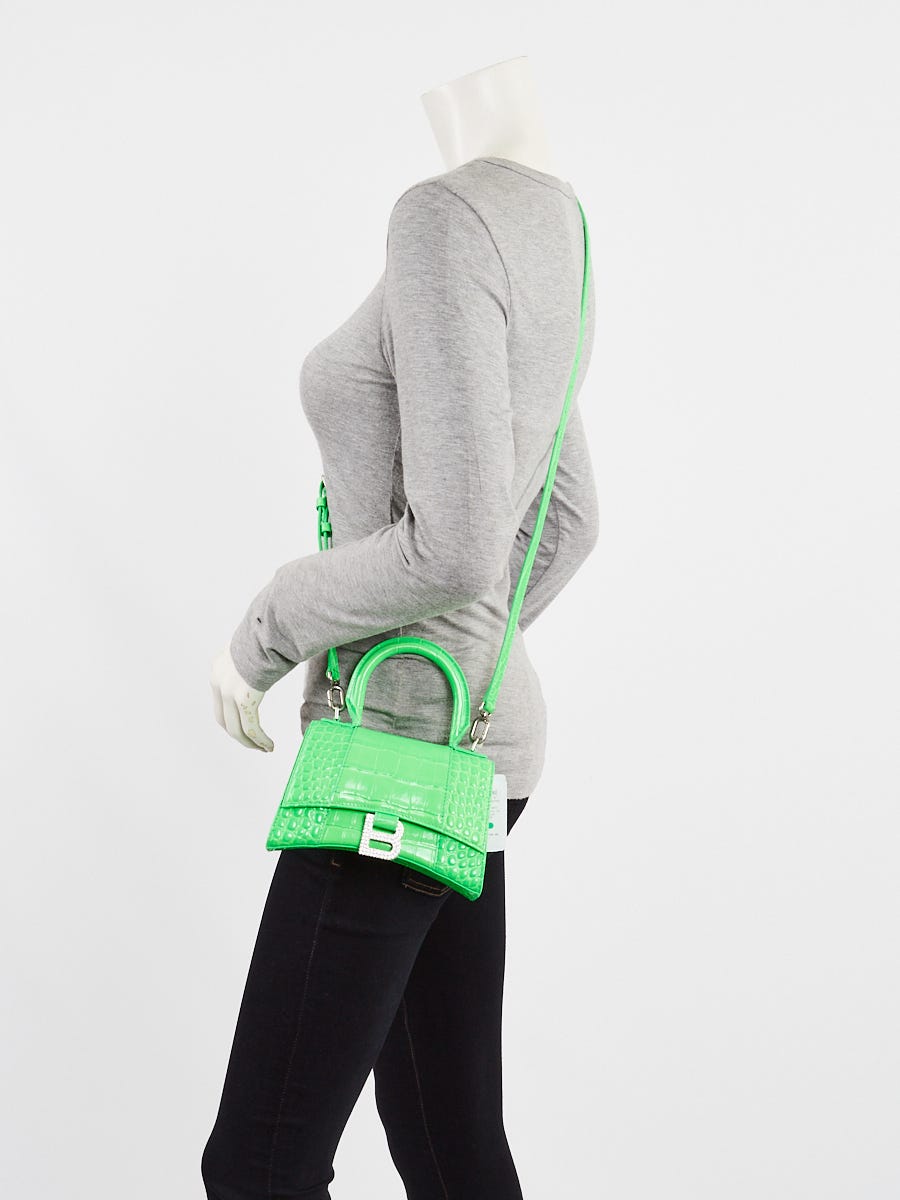 Balenciaga Bright Green Croc Embossed Leather Hourglass Crystal XS Top Handle Bag Yoogi s Closet