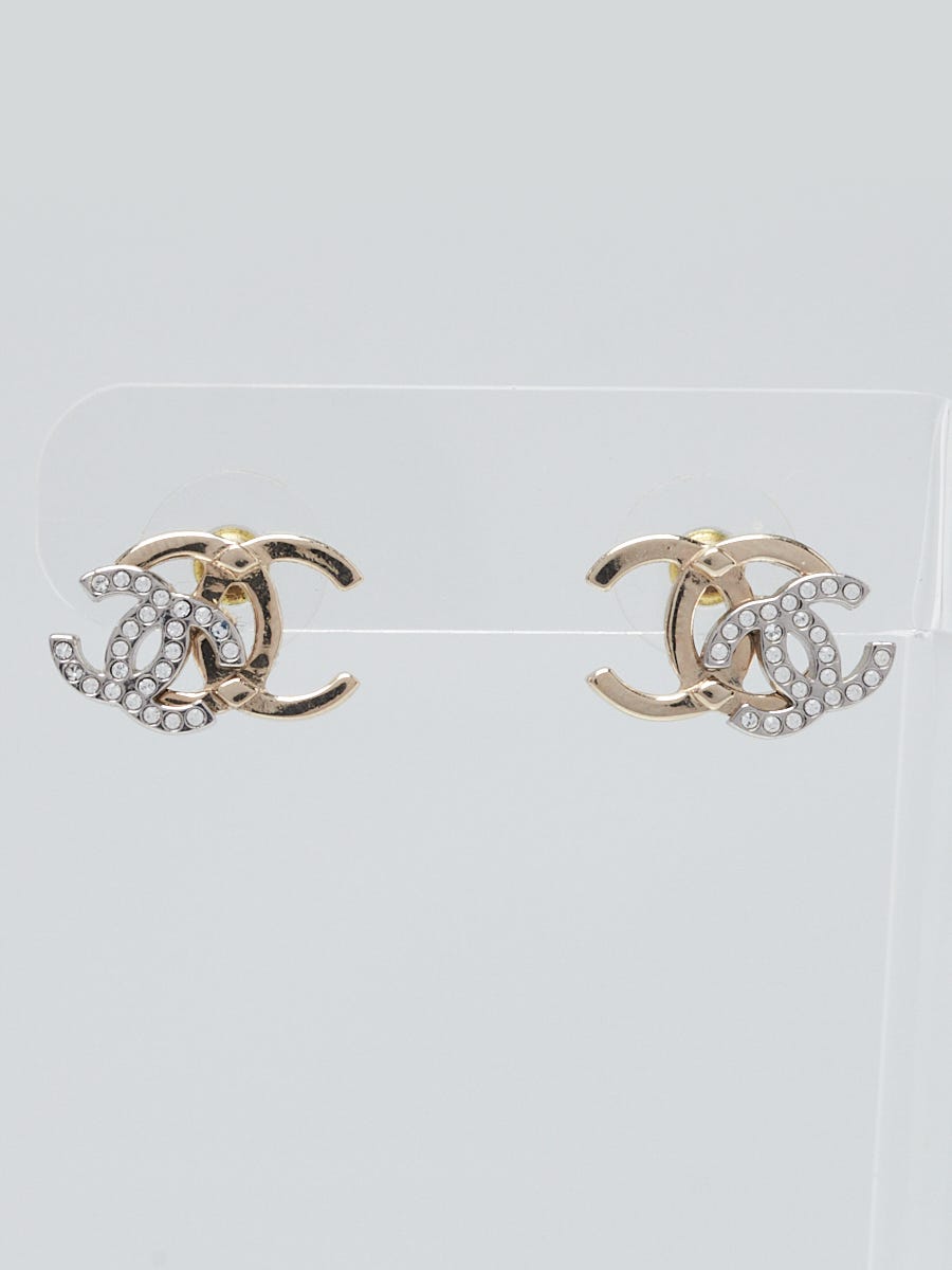 Chanel Goldtone/Silvertone Metal and Crystal Double CC Stud