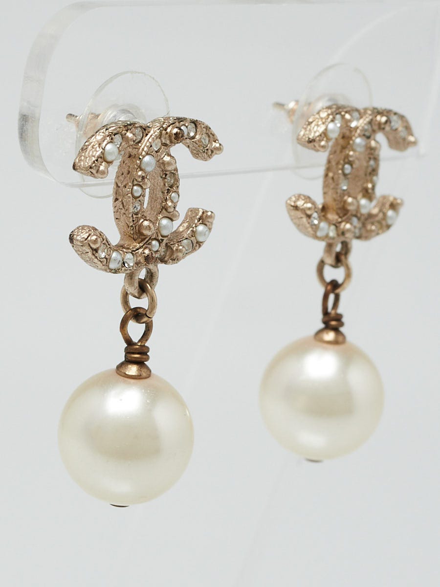 Chanel Goldtone Metal and Crystals CC Faux Pearl Drop Earrings - Yoogi's  Closet