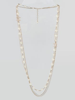 Faux Pearl And Crystal Multi Chain CC Long Necklace