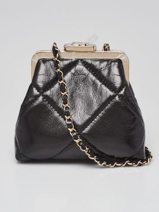 Black Quilted Leather Frame Clutch with Chain Bag