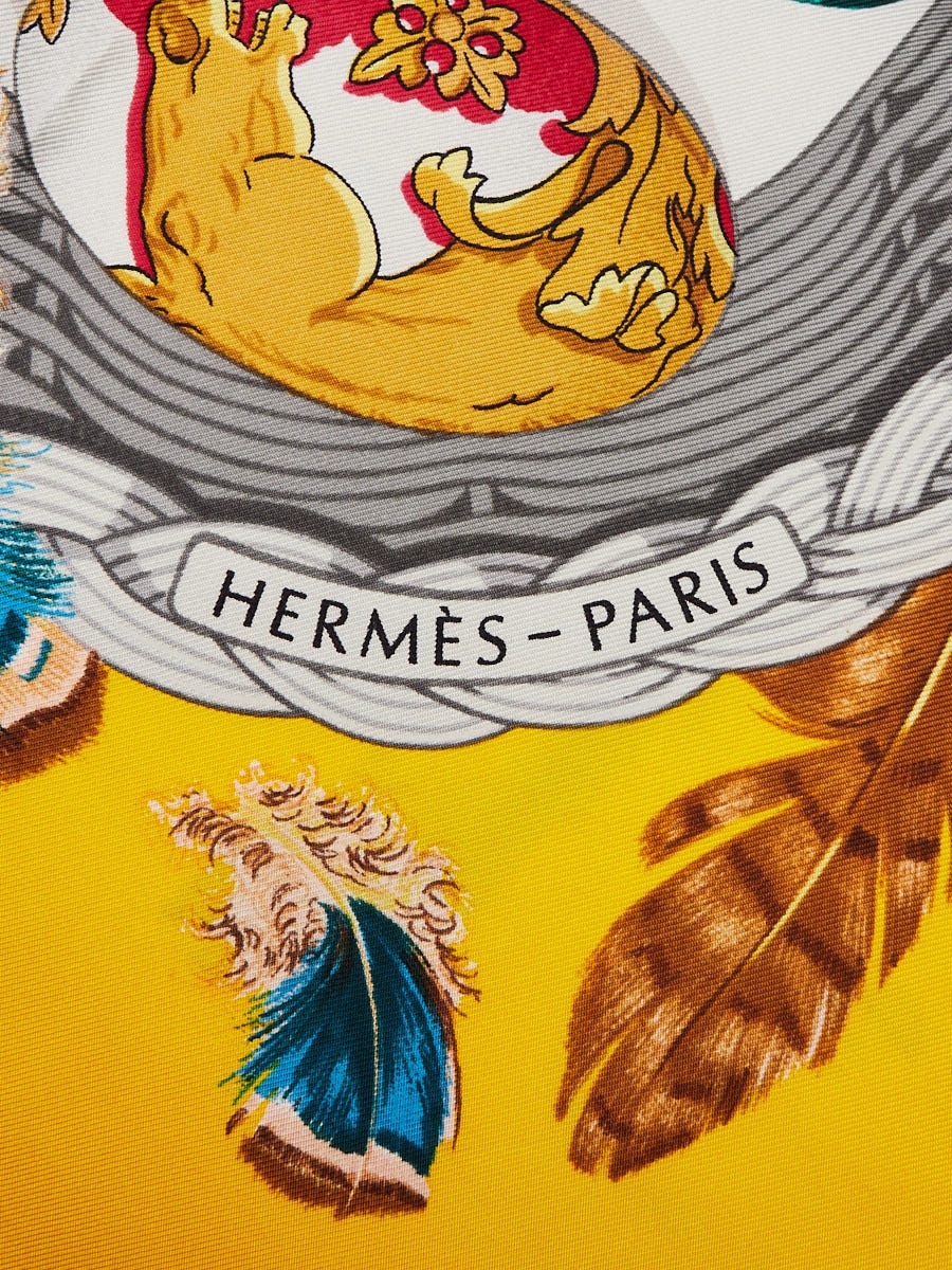 Hermes 90cm Yellow/Grey Silk La Couvee d'Hermes Cathy Latham