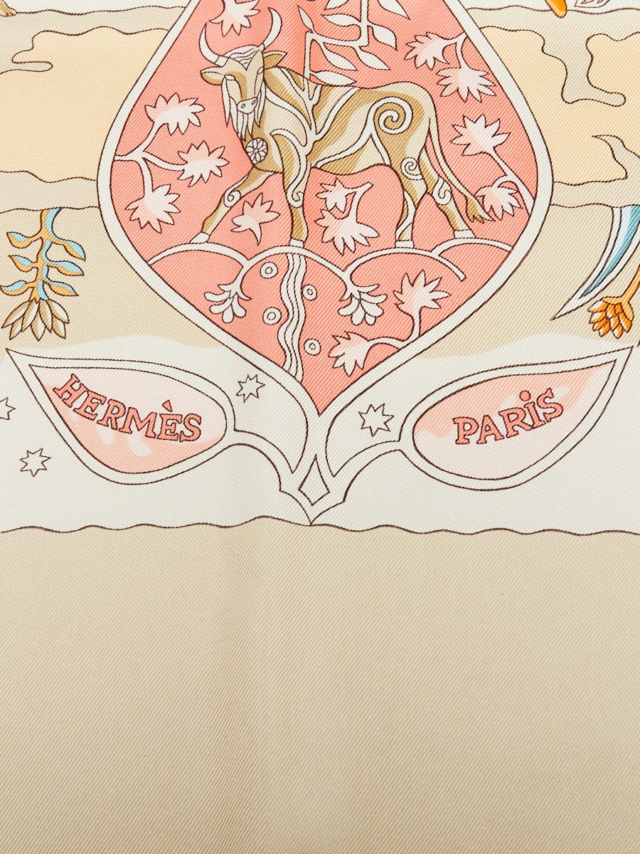 Hermes Beige 'Rives Fertiles' Christine Henry 90cm Silk Scarf