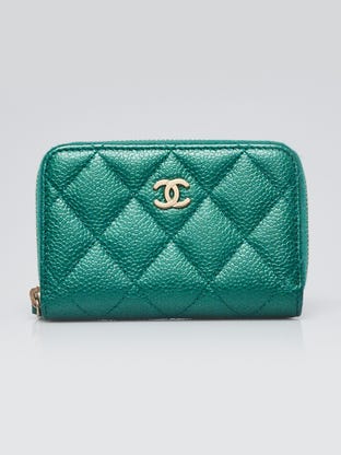 Metallic Green Quilted Caviar Leather Zip Coin Purse