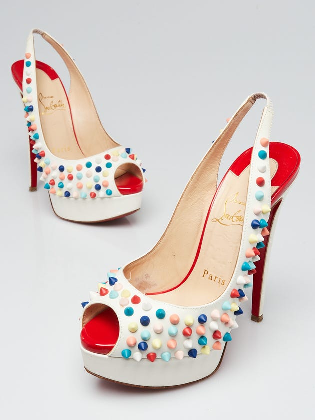Christian Louboutin White Leather Multicolor Spikes Lady Peep Sling 150 Pumps Size 5/35.5