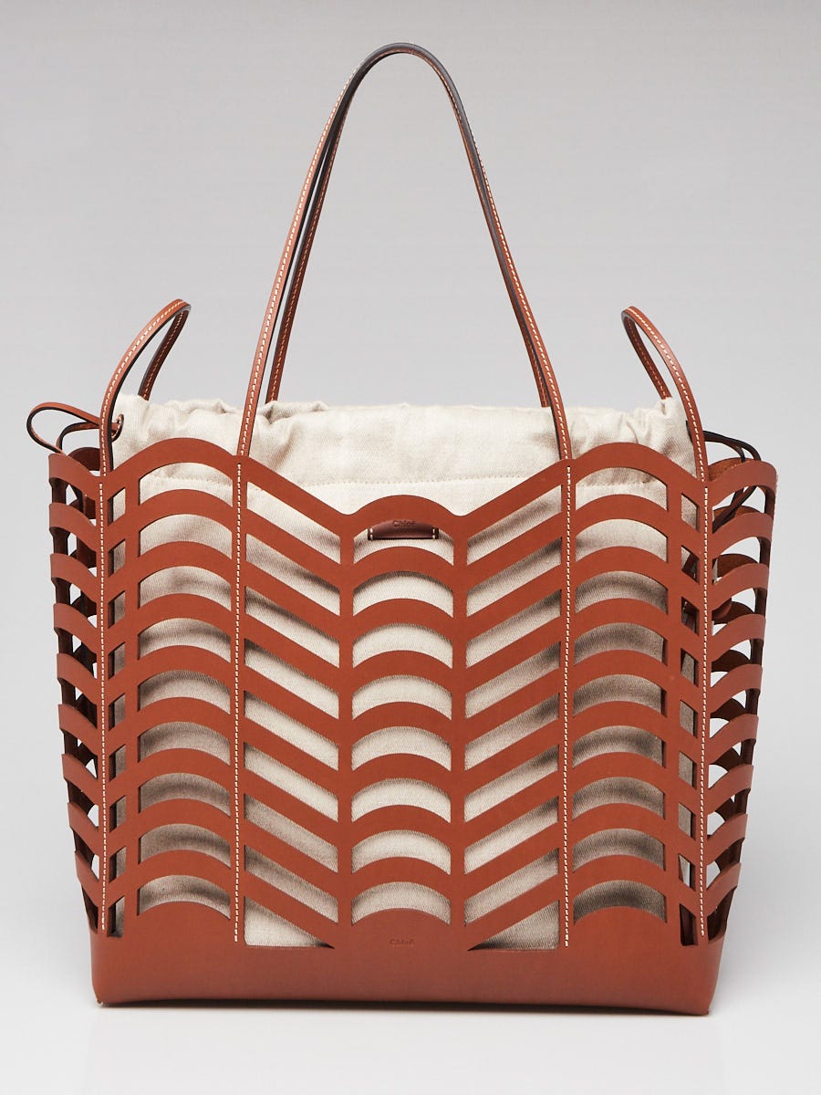 Chloe Brown Beige Leather Canvas Kayan Perforated Medium Tote Bag Yoogi s Closet
