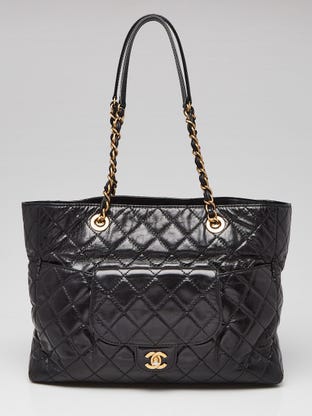 Black Quilted Glazed Leather Front Pocket Large Tote Bag