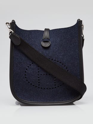 Blue Feutre Wool/Black Swift Leather Palladium Plated Evelyne TPM Bag