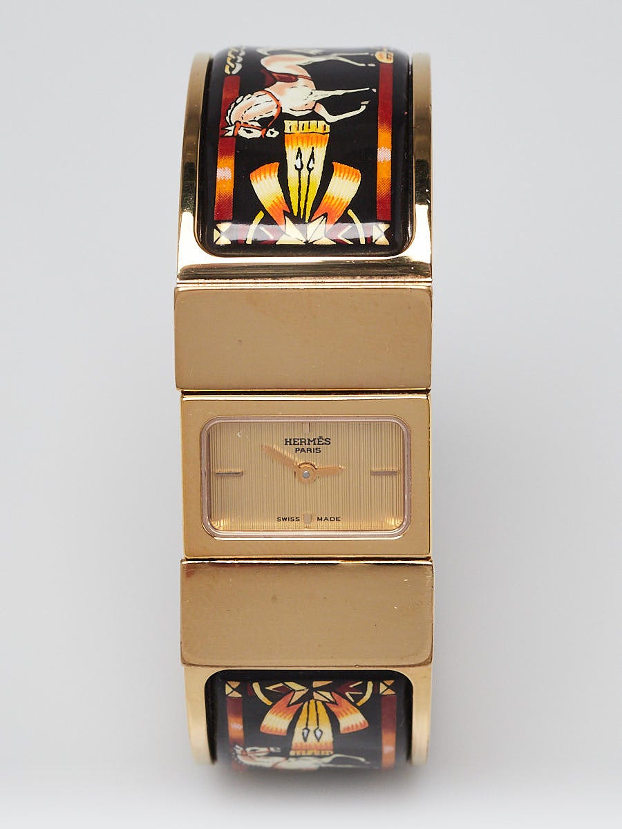 Black Equestrian Enamel and Gold Plated Loquet Bangle Quartz Watch L01.201