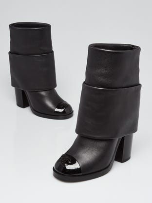 Black Leather Fold Over CC Ankle Boots Size 3.5/34