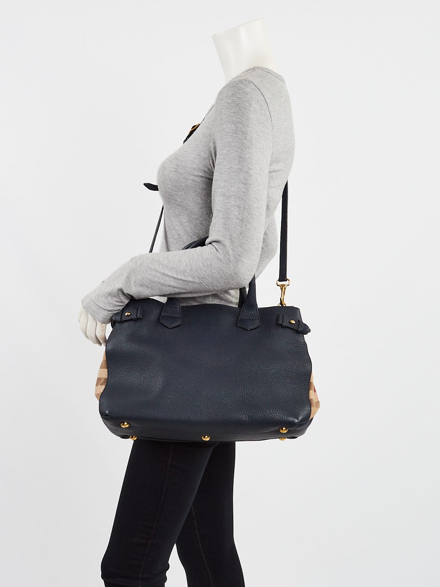 Burberry Blue Pebbled Leather House Check Medium Banner Tote Bag 