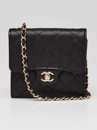 Black Quilted Caviar Leather Classic Flap Chain Zip Card Holder