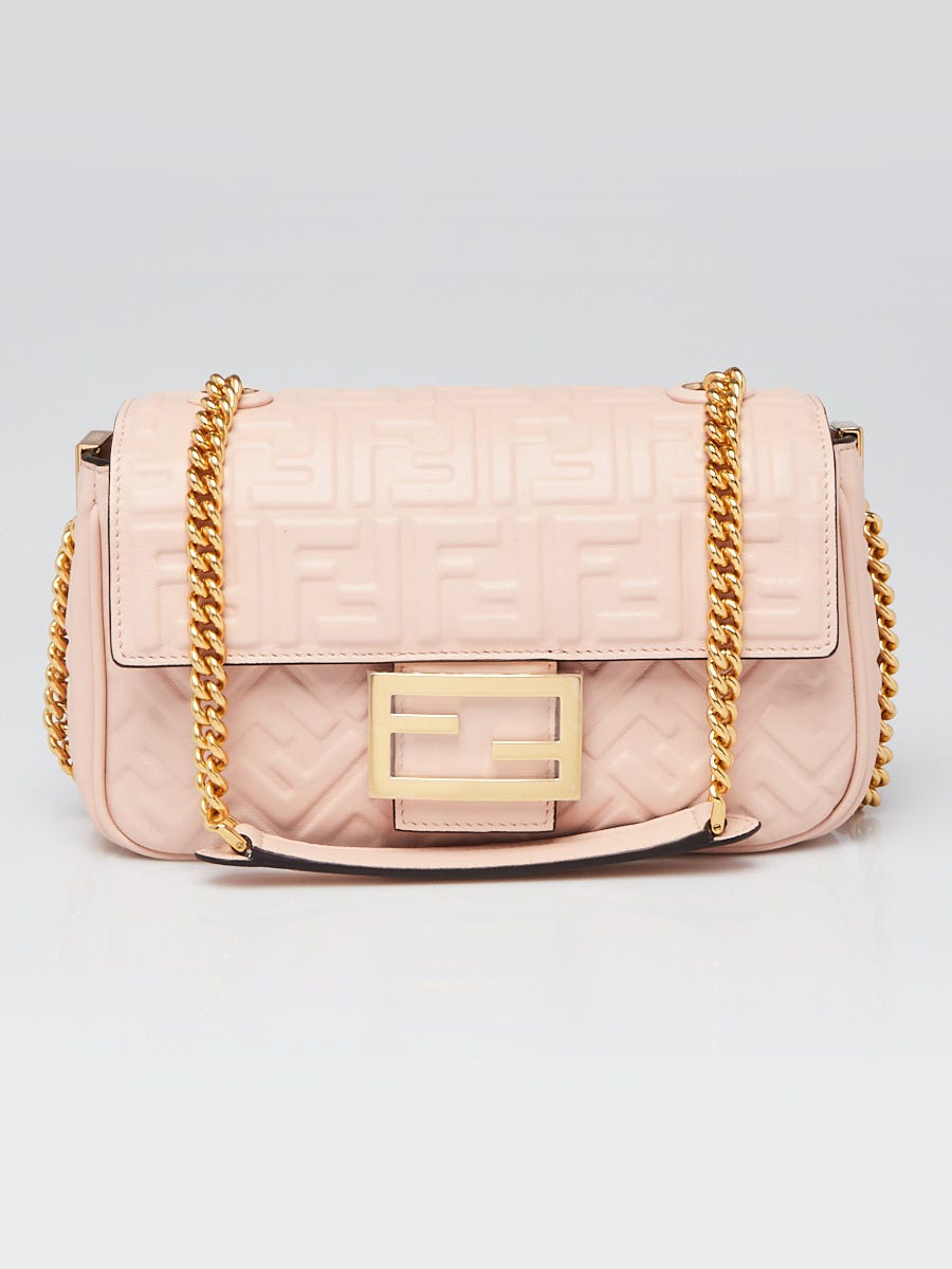 Fendi Pink FF Embossed Leather Midi Baguette Chain Crossbody Bag